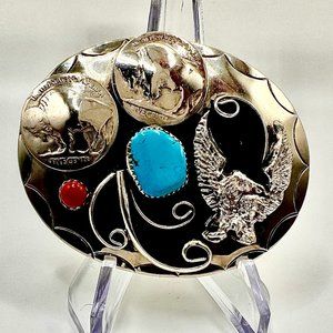 Vintage Handmade Navajo Belt Buckle Buffalo Nic Silver Turquoise Chief Men Women